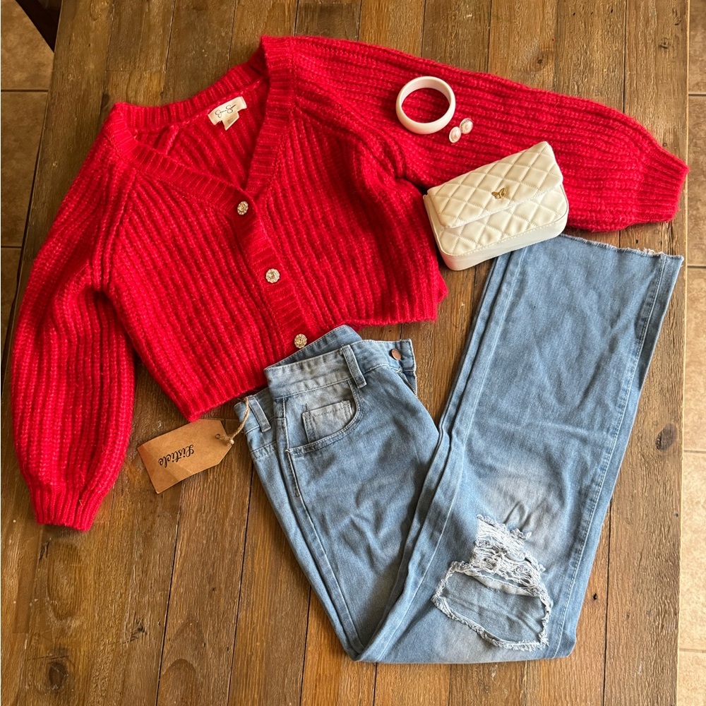 💋Love at First Knit: Red Balloon Sleeve Cardigan | Jessica Simpson | L 💋